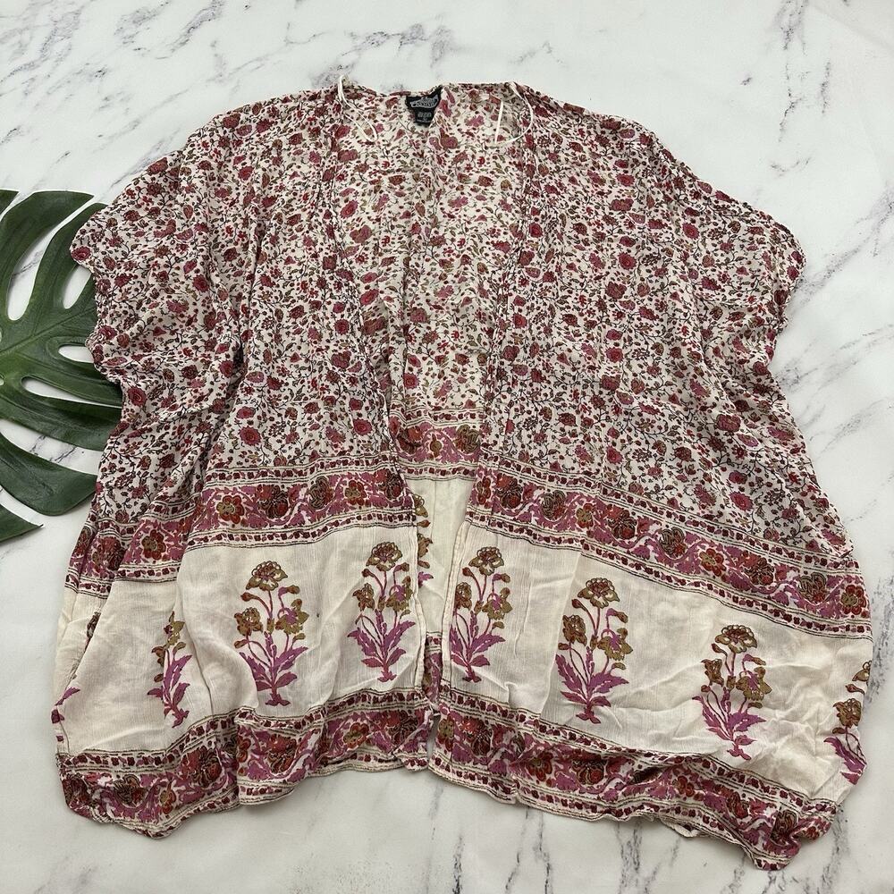 Angie Womens Kimono Cover Up Top Size L Pink White Floral Open Front Boho